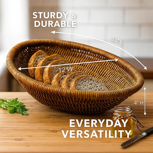 Vista 6 de Cesta de mimbre ovalada tejida a mano, bandeja de ratán natural para pan, frutas y almacenamiento, centro de mesa decorativo rústico para mesa