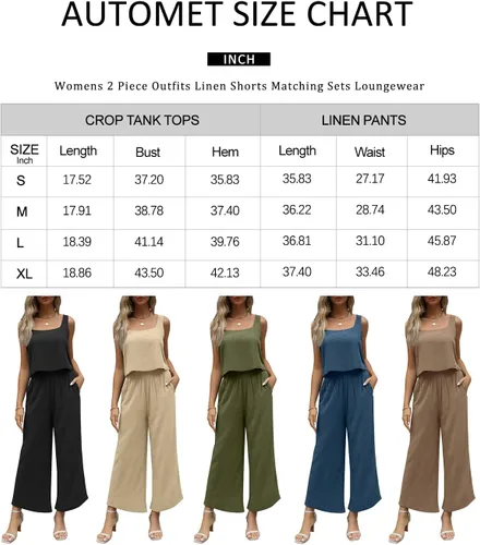Vista 6 de AUTOMET 2 Piece Summer Outfits for Women Casual Lounge Matching Sets Linen Crop Top Long Pants 2024 Fashion Clothes