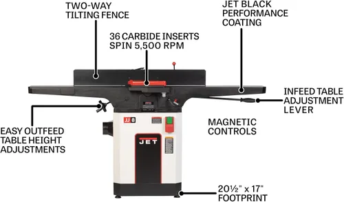 Vista 9 de JET Cepilladora negra de 8 pulgadas, cabezal de corte helicoidal, 2 HP, 230V 1Ph (JWJ-8HH-BLK)