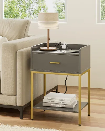 Vista 16 de Mesita de noche, mesita de noche moderna de 3 niveles, mesita de noche con cajón de almacenamiento y estante, mesa auxiliar pequeña para dormitorio