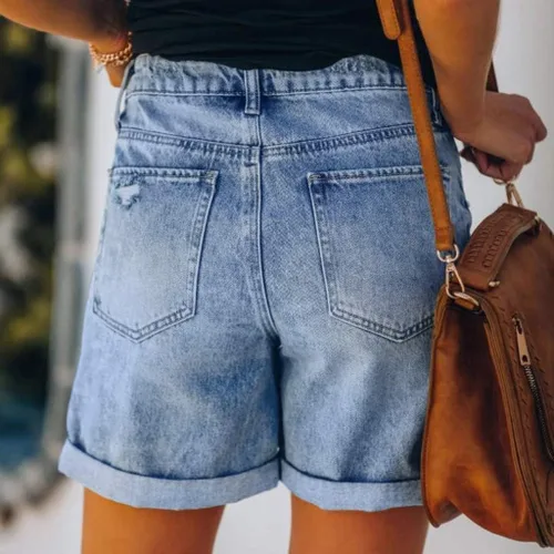 Vista 3 de Gecau Pantalones cortos de mezclilla casuales para mujer, pantalones cortos de mezclilla rotos a la moda, pantalones ajustados con bolsillo