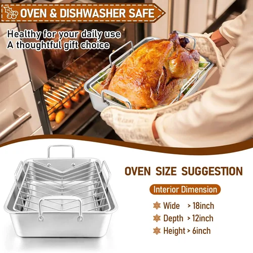 Vista 6 de Sartén para asar con estante para pavo y pollo, sartén para asar de acero inoxidable Joyfair y estante en V para horno tostador, utensilio de horneo