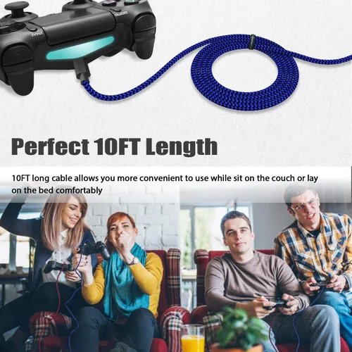 Vista 4 de Paquete de 3 cables de carga para controlador PS4 de 10 pies Cable de carga de nailon trenzado micro USB de alta velocidad compatible