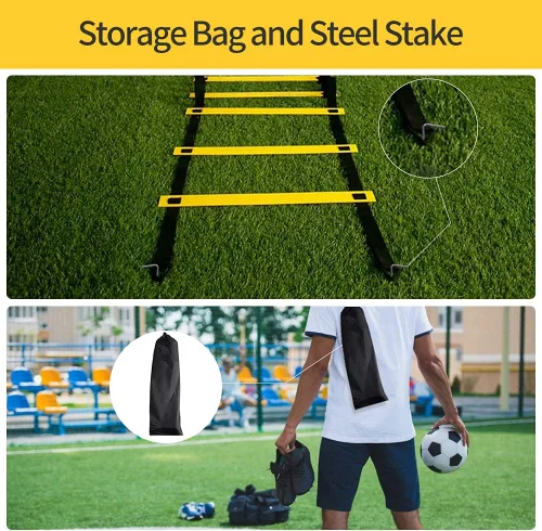 Vista 6 de Juego de 1/2/4 escaleras, 12 peldaños de agilidad, escalera de entrenamiento con estacas de acero y bolsa de transporte para fútbol, entrenamiento