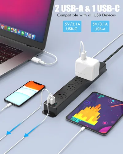 Vista 5 de AUOPLUS - Regleta protectora de sobretensiones con puertos USB C, cable de extensión trenzado de 5 pies, 5 salidas y 3 puertos USB (1 USB C)