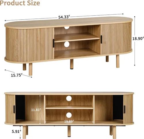 Vista 2 de Janmer Home Soporte de TV acanalado de 54 pulgadas con almacenamiento, consola de TV moderna de mediados de siglo con puertas correderas Tambour
