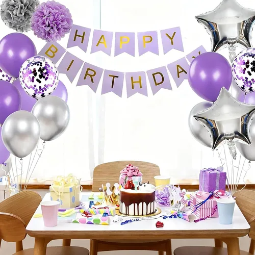 Vista 7 de Decoraciones de cumpleaños para niñas púrpura y plata Lavanda fiesta decoración Kit para ella mujer incluyendo feliz cumpleaños Banner pompón flor