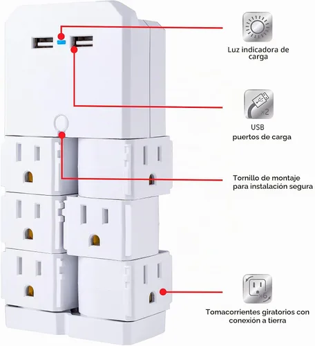 Vista 2 de GE - Extensor de 6 tomas con salidas giratorias, 2 puertos USB, enchufe de pared con toma de tierra, estante para dispositivos incorporado