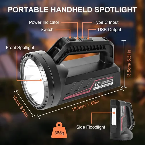 Vista 8 de Linterna LED recargable, linterna de camping portátil de 4800 mAh, 7 modos de luz e impermeable, proyector de mano súper brillante para emergencias