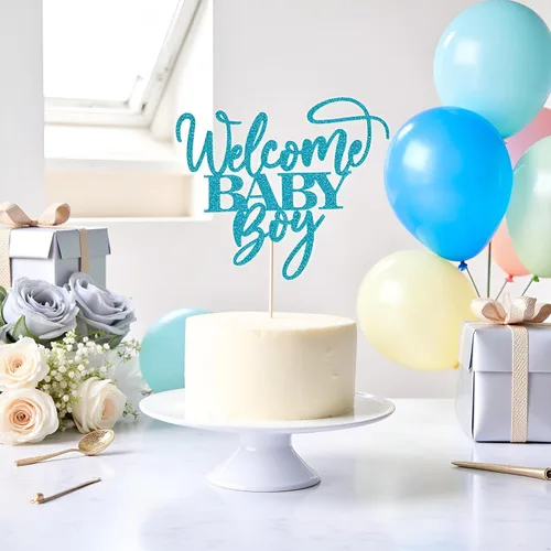 Vista 2 de Kaoenla Decoración para pastel de bienvenida de bebé niño con purpurina azul, decoración de fiesta de revelación de género para recién nacidos
