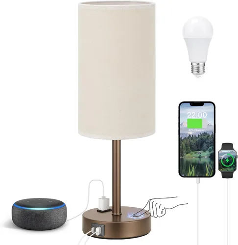 Vista 36 de Fenmzee Juego de lámparas de mesa pequeñas táctiles regulables de 2 a 3 vías, carga USB A + C, salida de CA, base de grano de madera, bombillas