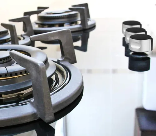 Vista 3 de Happyyami Botón de estufa de gas, 5 piezas, perilla de estufa de gas de metal, perillas de control de cocina de gas plateadas, adaptadores