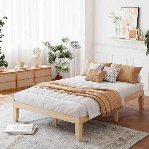 Vista 15 de Giantex Marco de Cama de Plataforma de Madera Individual de 14 Pulgadas, Base de Colchón Minimalista con Madera de Caucho Sólida, Soporte