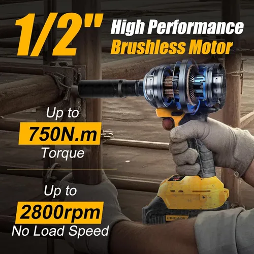 Vista 2 de Llave de impacto sin escobillas de 1/2 pulgada 750N.m (553 pies-libras) Pistola de impacto de alto par de 20V con batería de 4.0AH y cargador rápido