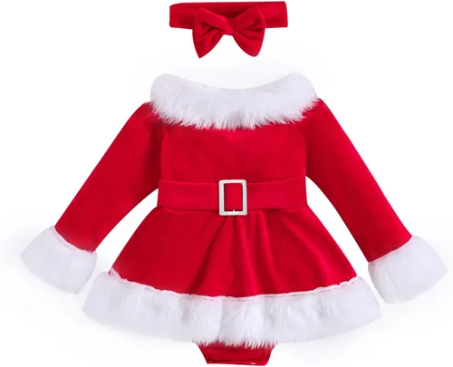 Vista 10 de WASAIGOOD Mameluco de Navidad para bebé niña, vestido de manga larga con ribete de piel, traje de terciopelo para Navidad, enterizo de invierno