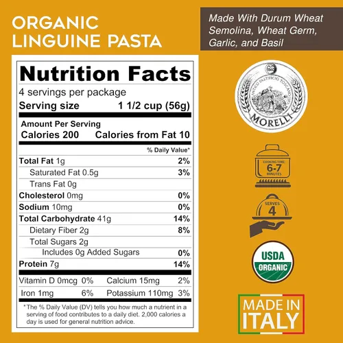 Vista 2 de Morelli Pasta italiana orgánica de ajo y albahaca Linguine - Pasta gourmet hecha a mano en pequeños lotes, sémola de trigo duro, Al Dente, pasta