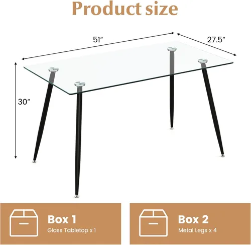 Vista 2 de Moccha - Mesa de comedor de cristal de 51 pulgadas, mesa rectangular moderna con amplia mesa de vidrio templado y patas de metal negro, almohadillas