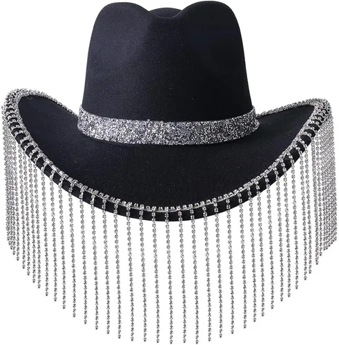 Vista 2 de Lanzom Women Rhinestone Cowgirl Hat Glitter Bling Diamond Fringe Cowboy Hat for Party Music Festival Halloween