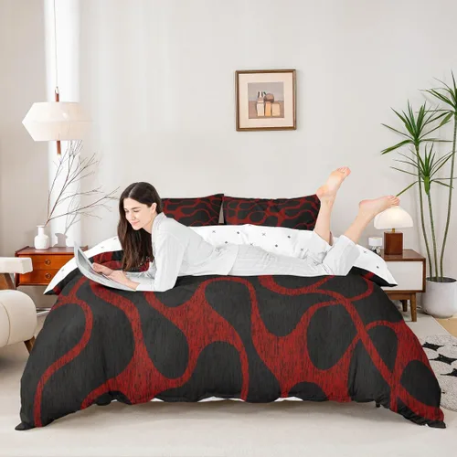 Vista 3 de Juego de ropa de cama decorativa roja y negra, funda de edredón geométrica con líneas de rayas abstractas para niños, niñas, niños, adolescentes