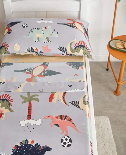 Vista 7 de Juego de ropa de cama de 4 piezas para niños pequeños, dinosaurio con dinosaurios coloridos y monstruos, juego de sábanas para otoño e invierno