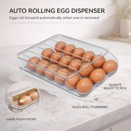 Vista 3 de Soporte para huevos para refrigerador con dispensador automático rodante, dispensador de huevos para refrigerador, organizador de huevos apilable