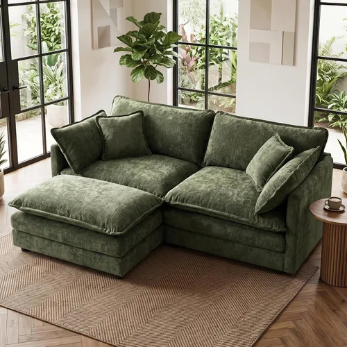 Vista 50 de Sofá individual modular de chenilla con otomana, sofá nube con almohada, color beige