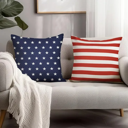Vista 193 de Juego de 2 fundas de almohada de 16 x 16 pulgadas, diseño patriótico de bandera estadounidense con estrellas para exteriores, estilo casa de campo