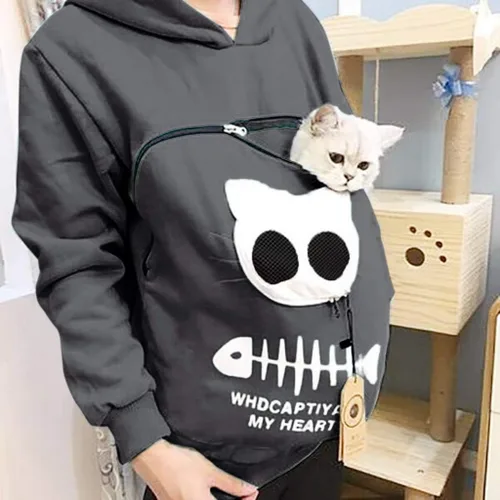 Vista 3 de Sudadera con capucha para mujer, diseño de gatito y cachorro, bolsa de animales, transpirable, para llevar al gato