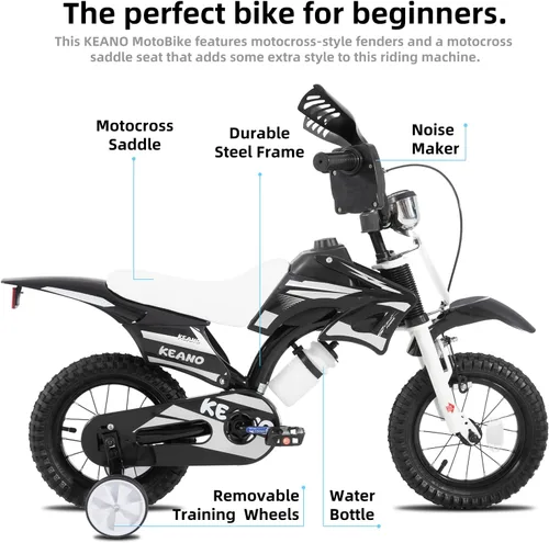 Vista 2 de KEANO - Bicicleta estilo motocross para niños y niñas de 12 y 16 pulgadas, con ruedas de entrenamiento y placa numérica, bicicletas para niños de 3
