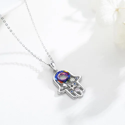 Vista 2 de Hamsa - Collar de plata de ley 925 con colgante de mano de Fátima Hamsa, collar de protección de la suerte para mujer, Plata esterlina, Circón