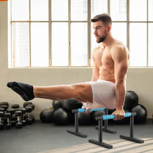 Vista 6 de Paraletas de entrenamiento de fuerza, barras de empuje I-Sit, asas de flexiones, equipo de calistenia para entrenamiento en casa, barras de gimnasia