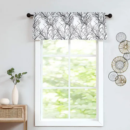 Vista 2 de FMFUNCTEX Cortinas de cenefa de ventana con estampado de ramas de árbol negro, cenefa corta semitransparente blanca para cocina, baño, bolsillo