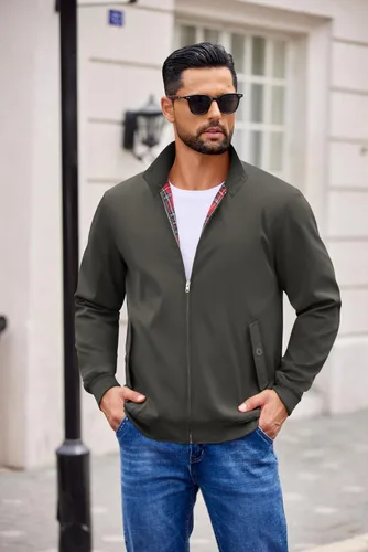 Vista 5 de COOFANDY - Chaquetas ligeras para hombre, chaqueta casual de estilo cortavientos con cremallera, cuello parado, chaqueta de golf elegante