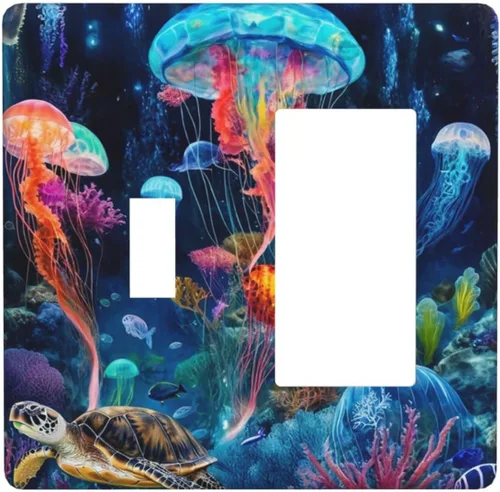 Vista 123 de Placa decorativa para interruptor de luz, medusas, tortugas marinas, fantasía, océano, 2 bandas, 1 palanca, 1 placa de pared dúplex, cubiertas