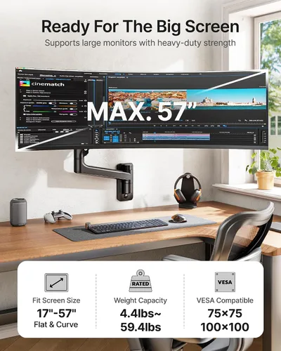 Vista 2 de monTEK Soporte de pared para monitor para pantallas ultraanchas de 17-57" hasta 59.4 libras, brazo de monitor individual de resorte de gas