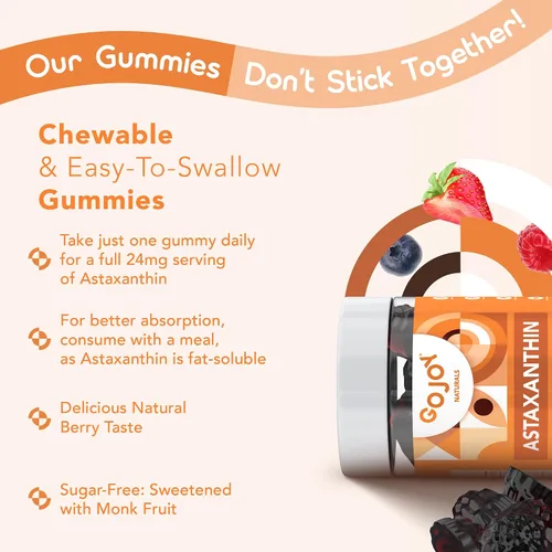 Vista 6 de GOJOY NATURALS Gomitas de astaxantina de 24 mg - Suplemento antioxidante de alta potencia - Apoyo para el bienestar de la piel, los ojos