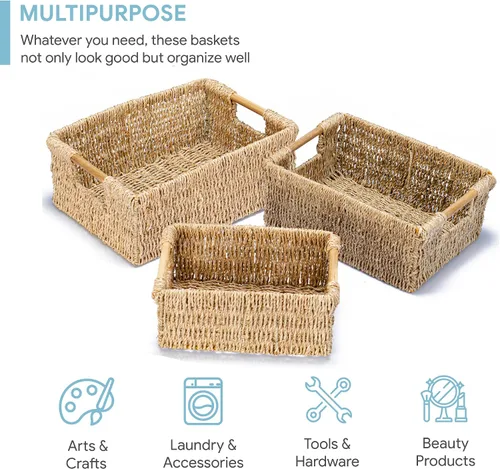 Vista 3 de VATIMA Cestas de hierba marina con asas de madera, juego de 3 cestas decorativas de mimbre natural para cocina