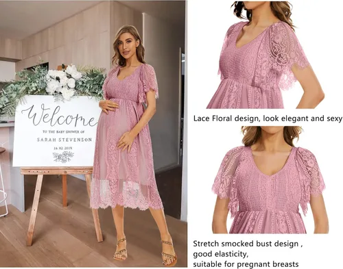 Vista 5 de Vestido de maternidad de manga corta con cuello en V bohemio para baby shower, sesión de fotos, vacaciones, vestido de maternidad de lunares suizos
