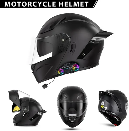 Vista 3 de Casco de motocicleta con Bluetooth, casco modular de motocicleta abatible con auriculares de intercomunicación Bluetooth, cascos de doble visera