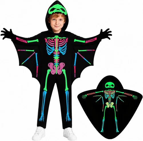 Vista 9 de Weixinbuy Disfraz de esqueleto de Halloween para niños que brillan en la Negro #2