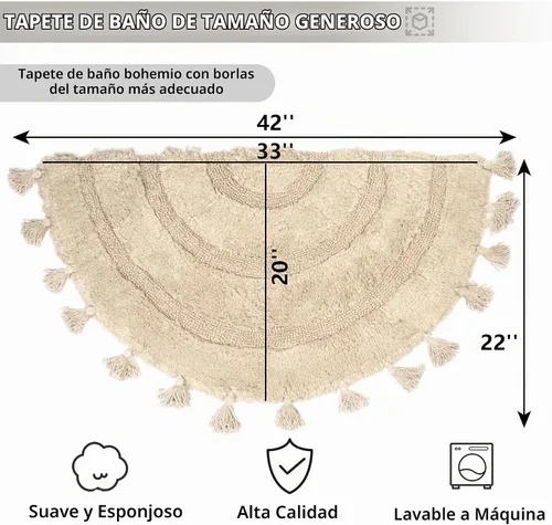 Vista 2 de Alfombra de medio círculo con borlas para decoración de baño bohemia, alfombra de algodón suave, hermosa alfombra de baño bohemia hecha a mano Beige