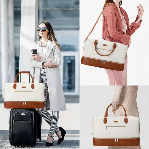 Vista 3 de Bolsa de fin de semana para mujer, bolsa de viaje de nailon, con compartimento para zapatos, tamaño grande 1-beige
