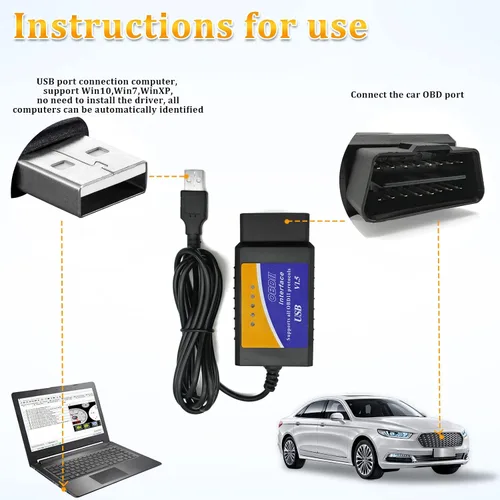 Vista 3 de Adaptador de cable de diagnóstico OBDII USB V1.5 Escáner OBD2 para múltiples marcas CAN-Bus para Windows, escáner de fallas de coche OBDII, tester