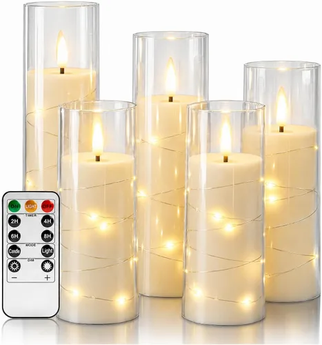 Vista 8 de Da by Paquete de 3 velas cónicas de acrílico transparente rojo sin llama, velas LED parpadeantes de mecha negra con cadena de luces de hadas, velas