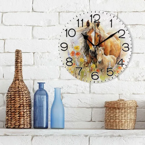 Vista 3 de Reloj de pared con diseño de flores de caballos, funciona con pilas, sin tictac, de cuarzo, analógico, rústico, rústico, reloj redondo, decoración