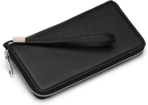 Vista 3 de GOIACII Cartera de piel con bloqueo RFID para mujer, con cremallera alrededor de gran capacidad, cartera larga para tarjetas de crédito, cartera