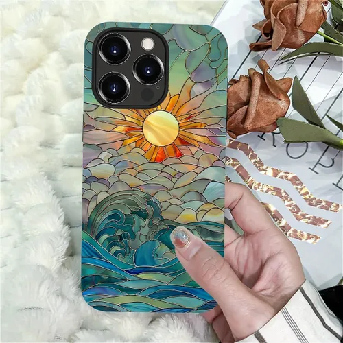 Vista 7 de DAIZAG Funda compatible con iPhone 15 Pro Max, Rayos de Sol Olas del Océano Vidrio Manchado Patrón Completo Plástico Suave TPU Anti-Caídas, Doble
