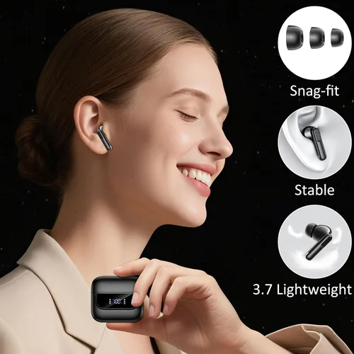 Vista 4 de Auriculares inalámbricos Bluetooth 5.4, 6 micrófonos ENC cancelación de ruido llamada clara, auriculares intrauditivos sonido estéreo de alta Negro
