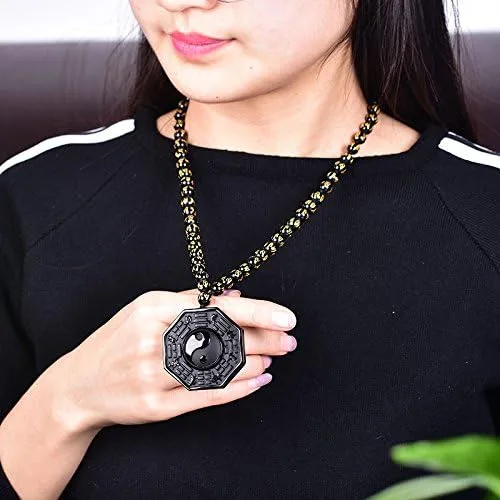 Vista 5 de Kitch Aroma Natural Tai Chi Grabado Negro Piedras de Obsidiana Colgante Collar con Extend Bead Chain