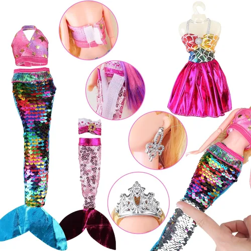 Vista 4 de Juego de muñecas mágicas de sirena para niñas de 4 a 7 años, muñecas de princesa gemelas con delfín morado que cambia de color, trajes de verano